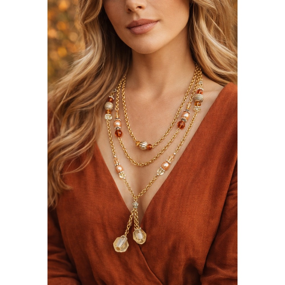 Napier Multi Strand Necklace Gold Tone Amber Peach Beaded Tassel Statement 32in